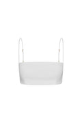 Front view of San Diego Top in White Linen, cropped bandeau with adjustable straps and back tie