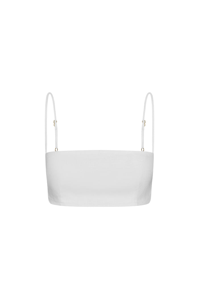 Front view of San Diego Top in White Linen, cropped bandeau with adjustable straps and back tie