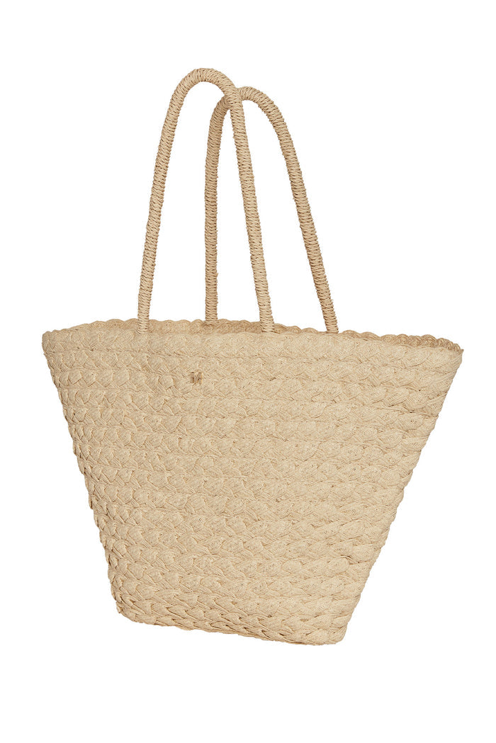 Front close-up of San Remo Bag Large showcasing braided straw texture, double braided shoulder handles and small gold M logo on white background