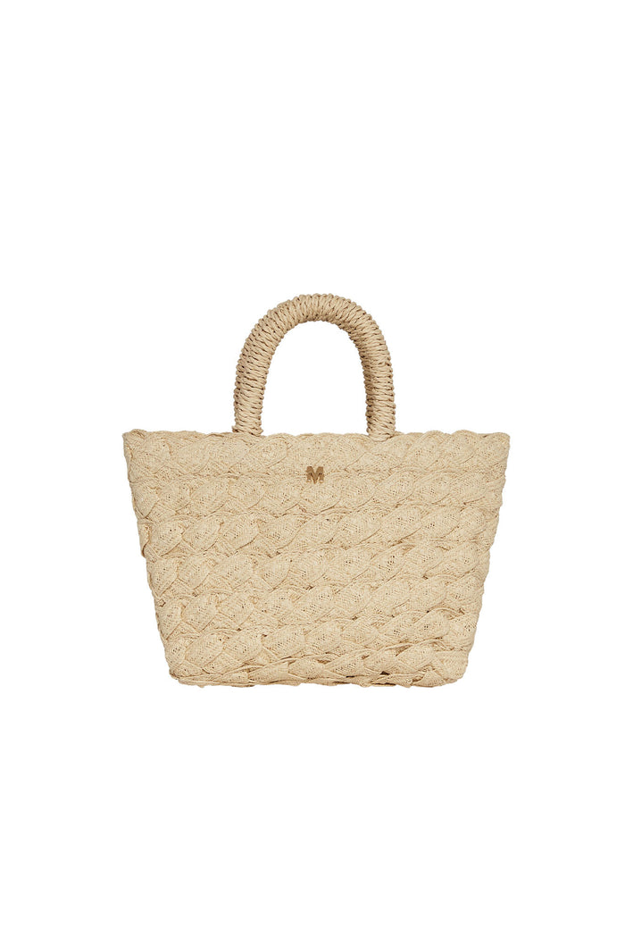 Woven natural straw tote with braided texture, short wrapped handles and small M logo on front