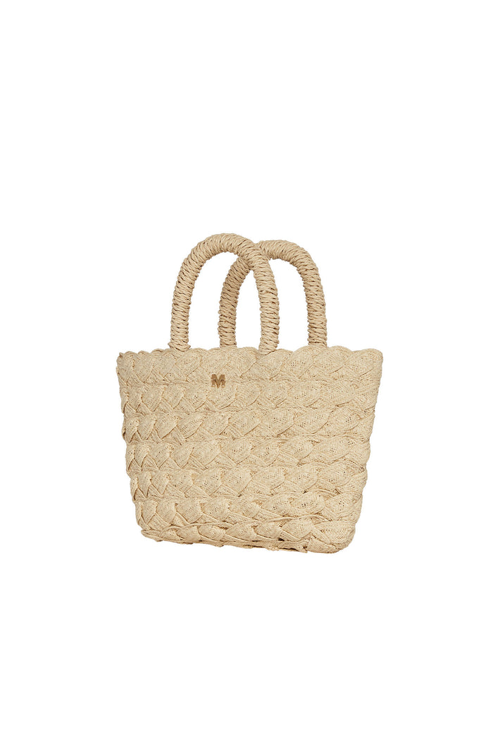 Small braided straw tote bag with short double handles and gold 'M' monogram