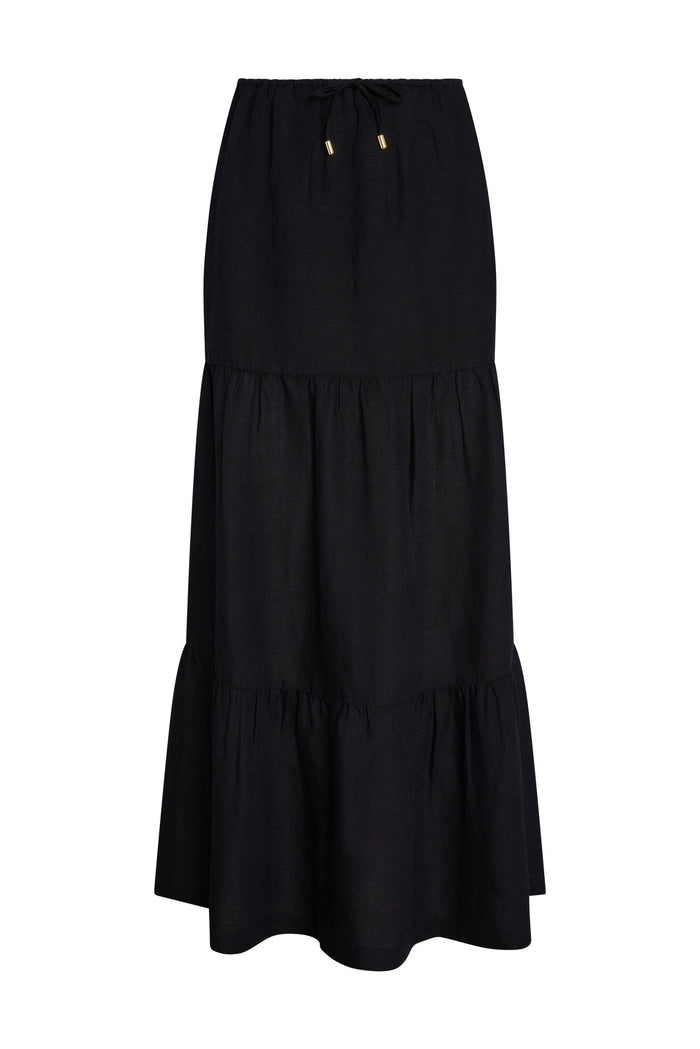Tiered black maxi skirt with elastic drawstring waist and ruffle tiers on white background.