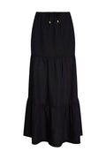 Tiered black maxi skirt with elastic drawstring waist and ruffle tiers on white background.