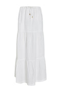 Front view of San Sebastian skirt in white showing tiered maxi and drawstring waist with gold tone aglets