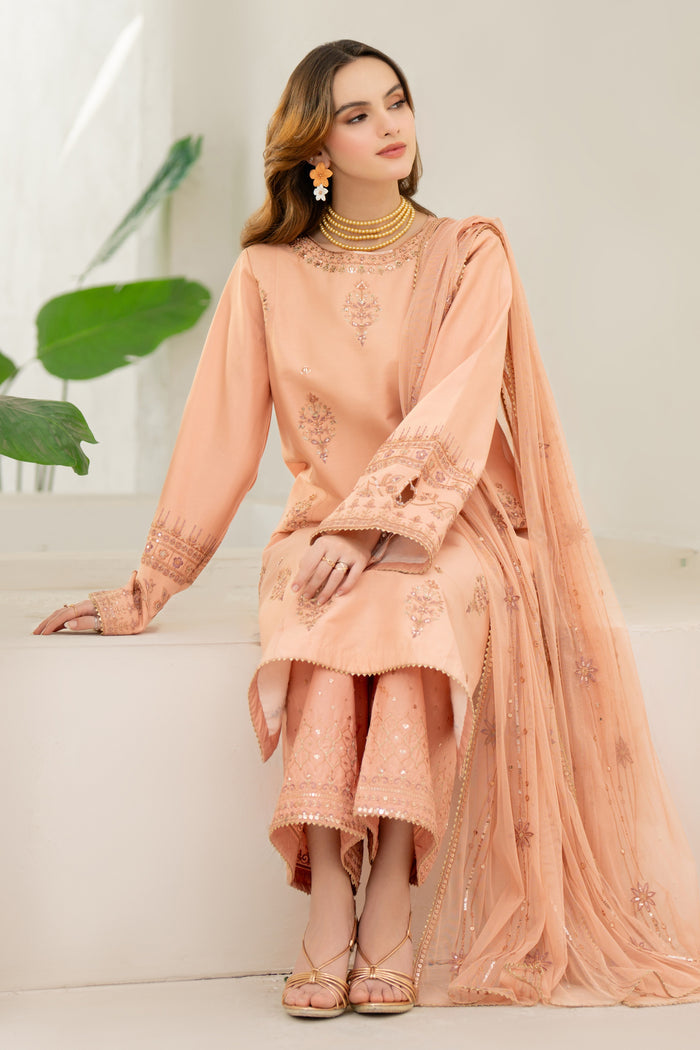 Side profile of NAQSHI Sanam outfit showing keyhole sleeve with crystal hanging and embroidered motif