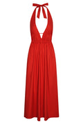 Front view of Santa Cruz Dress in Chili Pepper showcasing plunging adjustable halter V-neck, elastic underbust and waist, and ankle-length skirt on white background