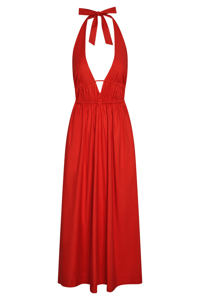 Front view of Santa Cruz Dress in Chili Pepper showcasing plunging adjustable halter V-neck, elastic underbust and waist, and ankle-length skirt on white background