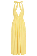 Front view of Santa Cruz Dress Meyer showing plunging halter V neckline and cinched elastic waist on white