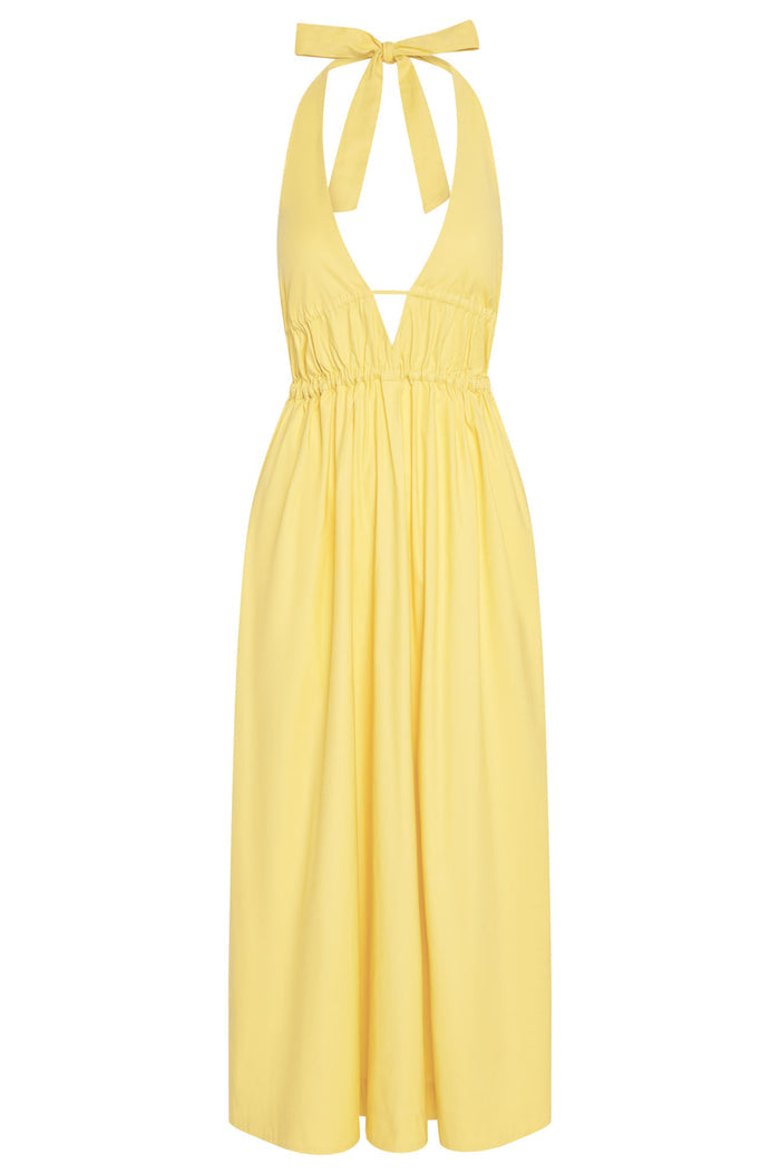 Front view of Santa Cruz Dress Meyer showing plunging halter V neckline and cinched elastic waist on white