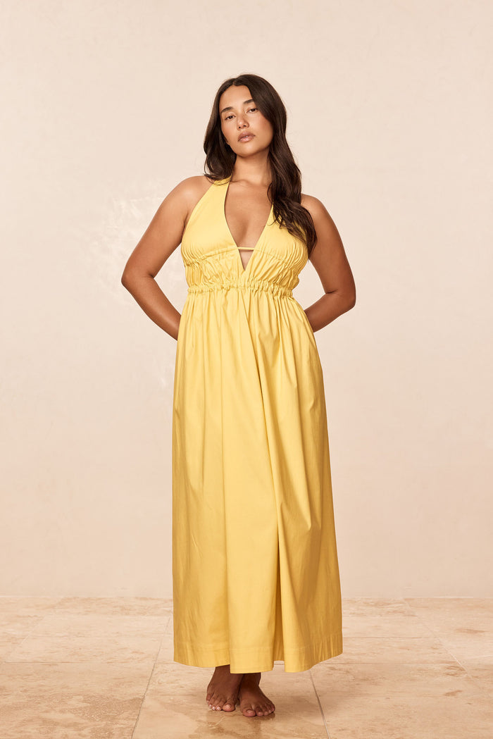 Front view of Santa Cruz Dress - Meyer showcasing plunging halter V-neckline, elastic underbust, and ankle-length skirt on neutral background