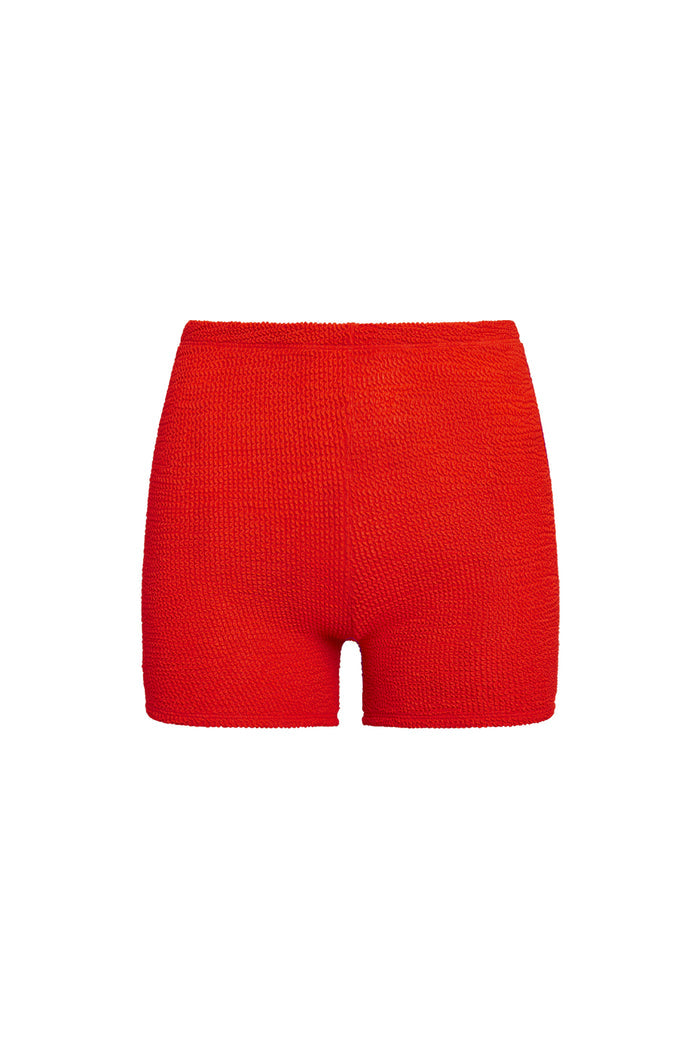 Back view of Santa Cruz Short in Chili Pepper Crinkle showing high waist and textured recycled crinkle fabric on white background