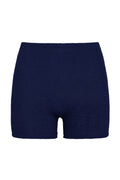 Front view of Santa Cruz Short in Midnight Crinkle showcasing high-rise smocked texture and short inseam on white background