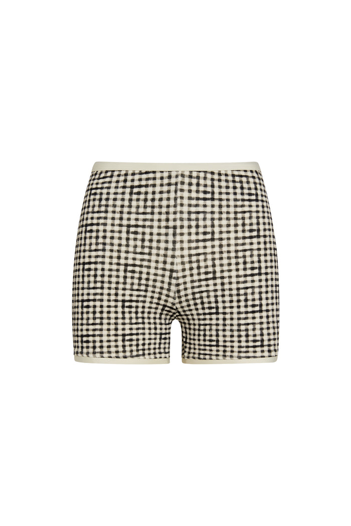 Front view of Santa Cruz Short Colorblock Black Gingham showing high waist and crinkle swim fabric on white background