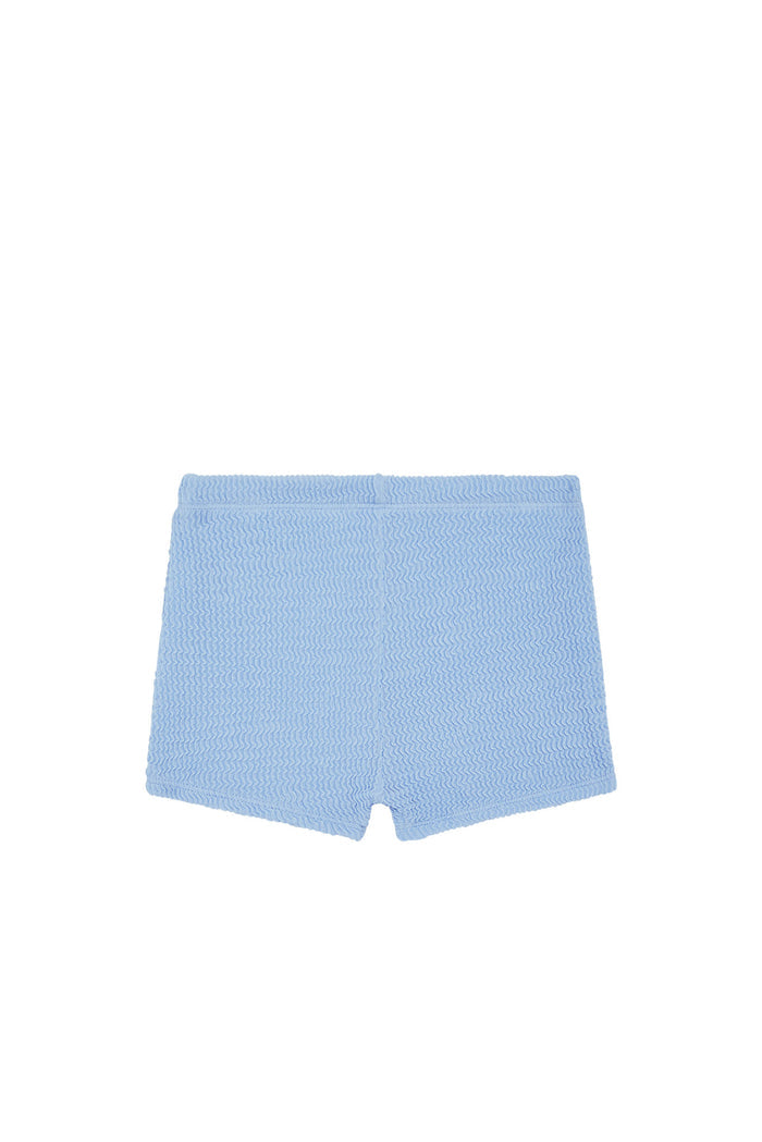 Flat lay of Santa Cruz Short Kids in Sky Crinkle showcasing textured crinkle fabric and elastic waistband on white background