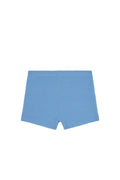 Front view of Santa Cruz kids' swim shorts in Azure Crinkle showing crinkled texture and elastic waist on white background