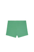 Front view of kids’ Santa Cruz shorts in pond green showing crinkle texture and elastic waistband on white background