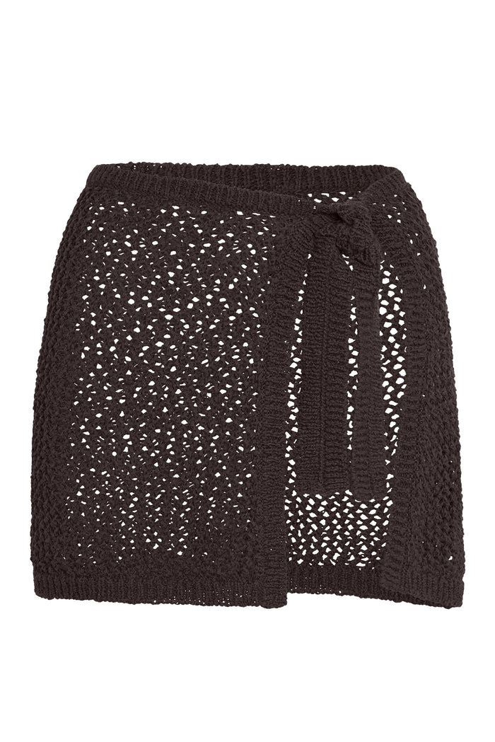 Front close-up of Santa Marta Sarong in Espresso petit crochet showing open-knit pattern and side tie on white