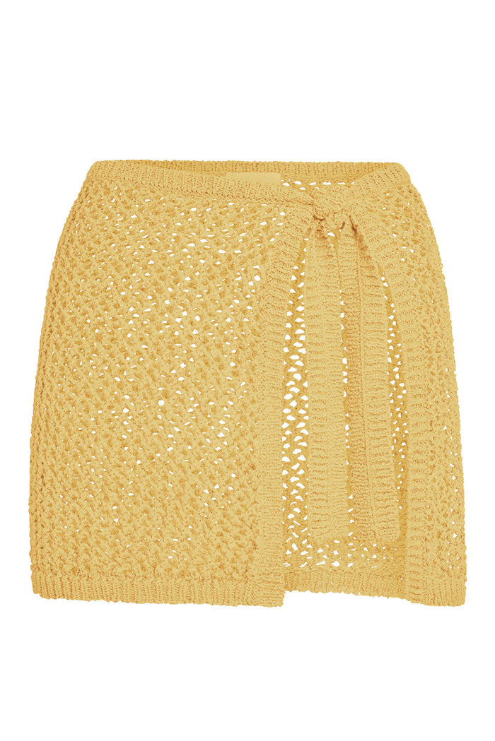 Front flat lay of Santa Marta sarong in honey petit crochet showcasing tie-side and open-knit texture on white background