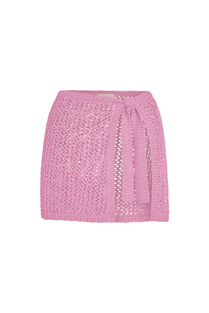 Front view of Santa Marta Sarong Moonlight petit crochet showing adjustable wrap tie and open-knit sheer knit on white background