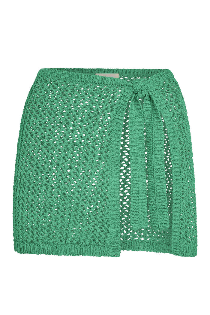 Front view of Santa Marta Sarong in Pond petit crochet showing open-knit texture and wrap-tie on white background