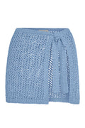 Front view of Santa Marta Sarong in Sky Petit Crochet with open-knit crochet fabric and wrap-tie on white background