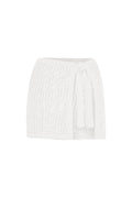Front view of Santa Marta Sarong in white petit crochet, open knit wrap skirt with adjustable tie on white background