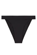 Black high-cut bikini bottoms with folded waistband, flat-lay on white background.