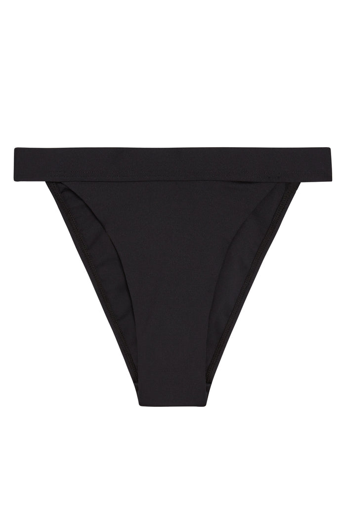 Black high-cut bikini bottoms with folded waistband, flat-lay on white background.