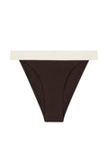 Brown high-cut bikini brief with wide cream waistband