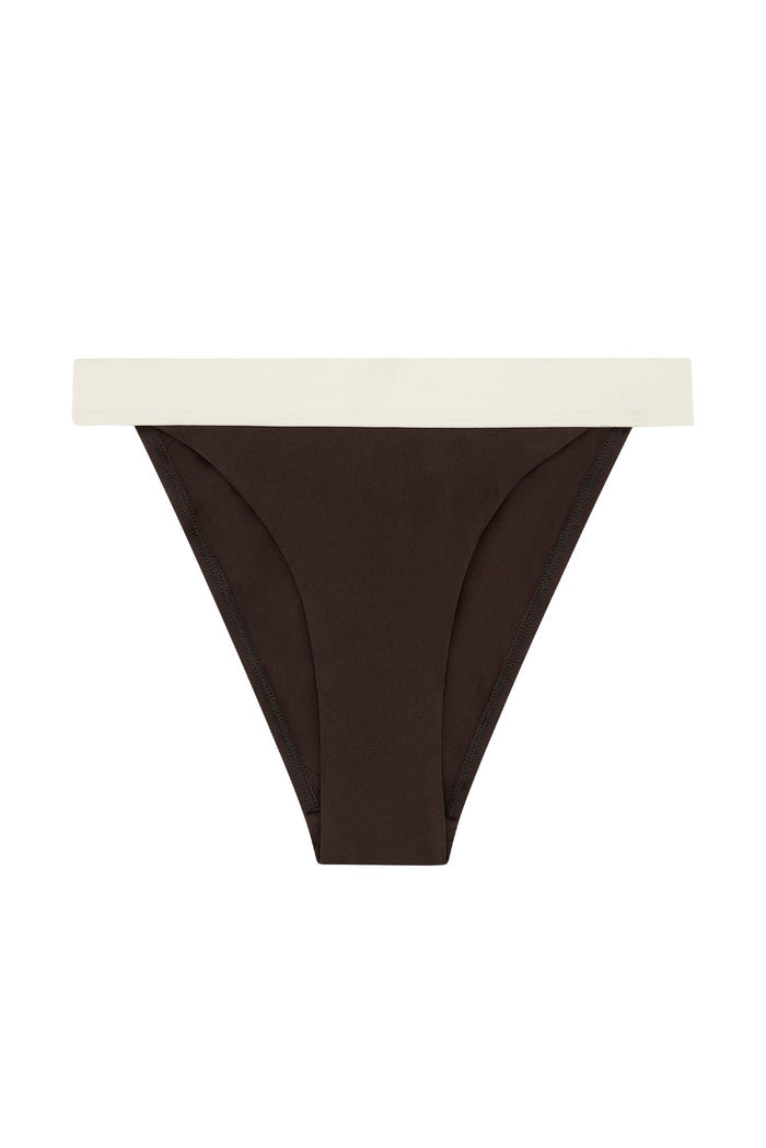 Brown high-cut bikini brief with wide cream waistband