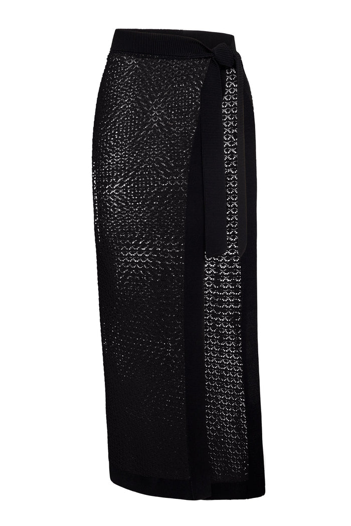 Side view of Sao Paulo sarong showcasing black lace crochet knit with ribbed tie waistband and open-knit side panel on white background