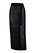 Side view of Sao Paulo sarong showcasing black lace crochet knit with ribbed tie waistband and open-knit side panel on white background