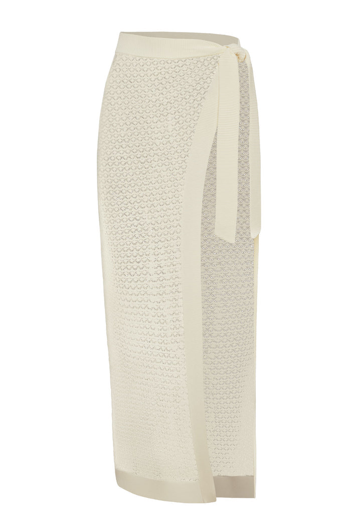 Right-side view of Sao Paulo Sarong - Ivory Lace Crochet showcasing crochet knit texture and long tie on white background