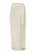 Right-side view of Sao Paulo Sarong - Ivory Lace Crochet showcasing crochet knit texture and long tie on white background