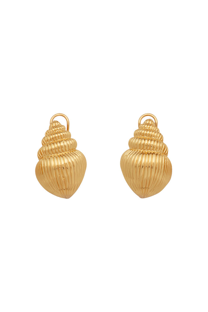 Front view of Sardinia gold shell drop earrings showcasing ribbed seashell pendants with top loops on white background