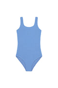 Flat-lay of Sardinia one-piece Azure Crinkle with crinkled texture, scoop neckline and wide straps on white background