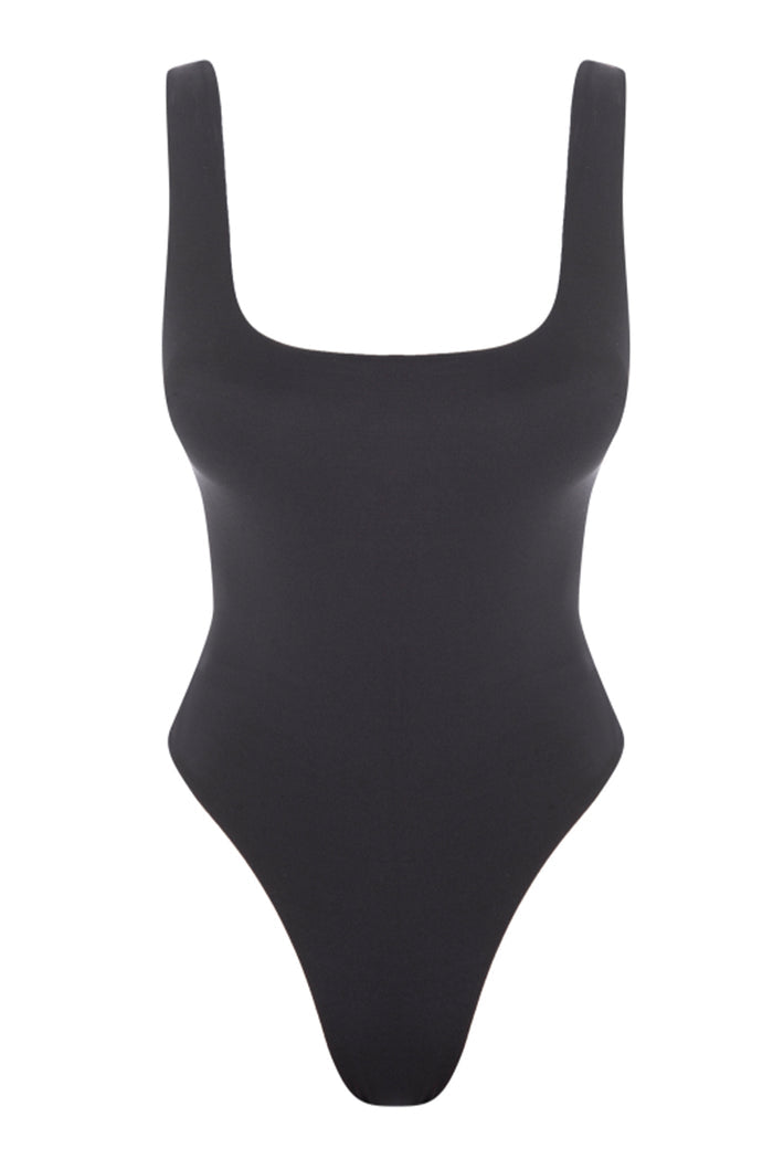 Front view of Sardinia One Piece swimsuit in black showcasing square neckline and high-cut leg on white background