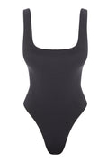 Front view of Sardinia One Piece swimsuit in black showcasing square neckline and high-cut leg on white background