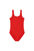 Red textured one-piece swimsuit with scoop neck, laid flat on white background.