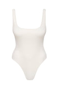 White one-piece swimsuit with square neckline and high-cut leg
