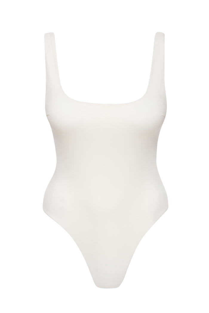 White one-piece swimsuit with square neckline and high-cut leg