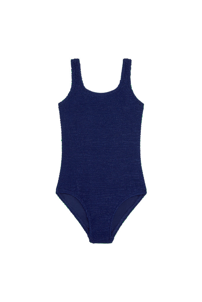 Front view of Sardinia One Piece in Midnight Crinkle showing crinkle texture, scoop neckline and medium-rise leg on white background