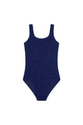 Front view of Sardinia One Piece in Midnight Crinkle showing crinkle texture, scoop neckline and medium-rise leg on white background