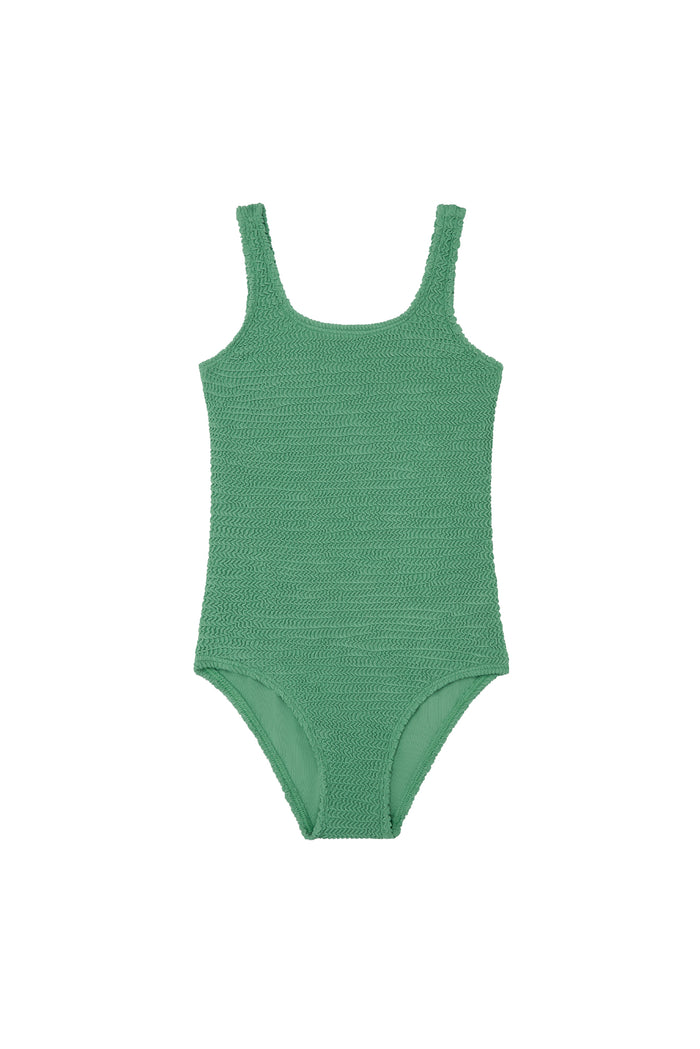 Green textured one-piece swimsuit with scooped neckline and wide shoulder straps.