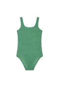 Green textured one-piece swimsuit with scooped neckline and wide shoulder straps.