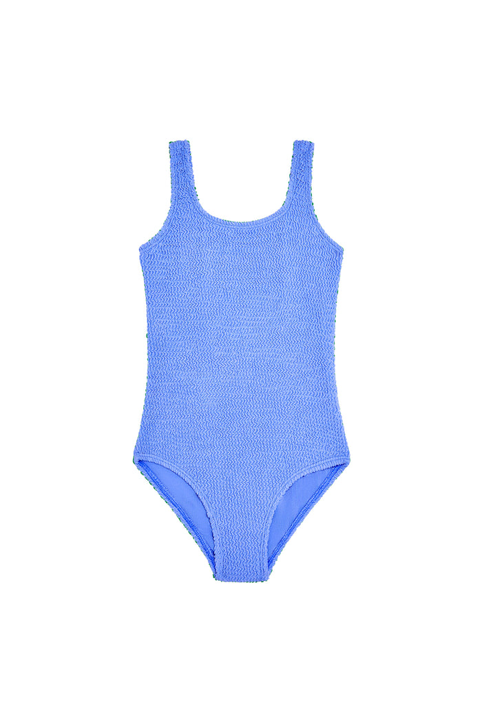 Front view of Sardinia One Piece in Pool Crinkle showing crinkle texture, scoop neckline and regular straps on white background