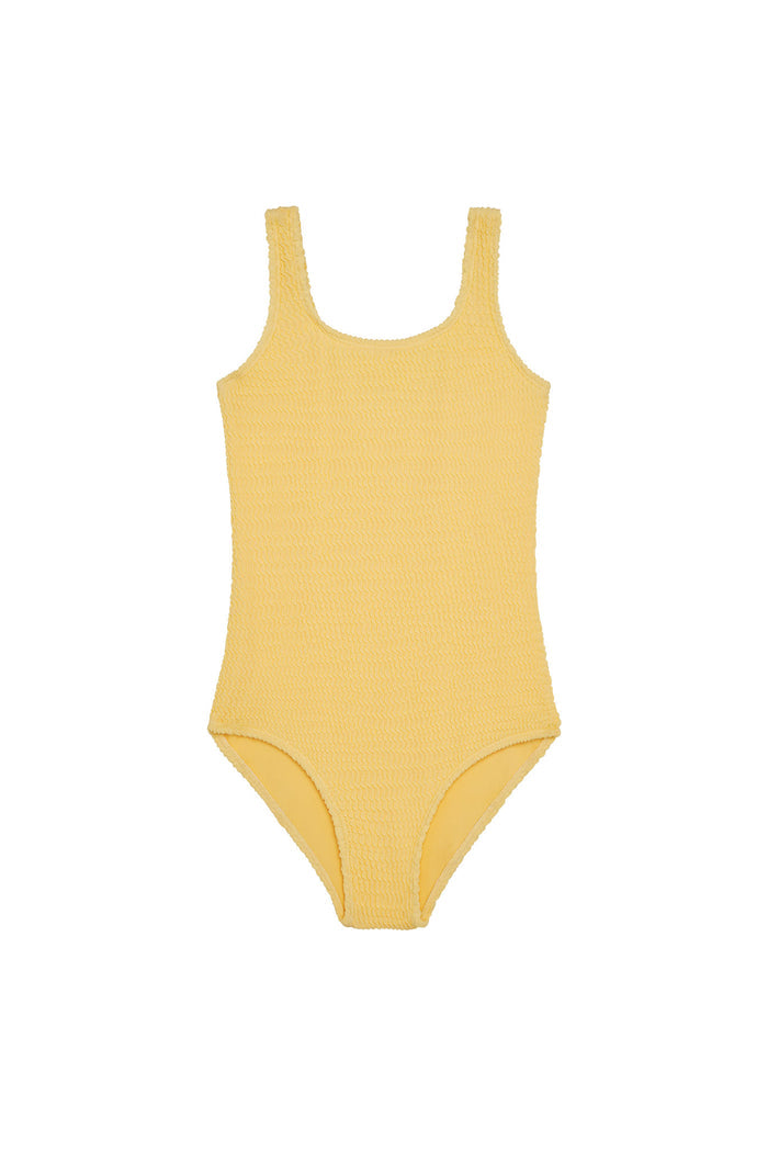 Front view of Sardinia One Piece Kids in Honey Crinkle showcasing crinkle texture on white background