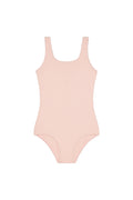 Front flat lay of Sardinia one-piece kids swimsuit in Powder Pink Crinkle showing scoop neckline and textured crinkle fabric on white background