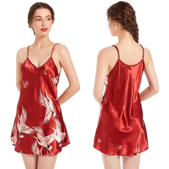Satin Babydoll Nightgown for Women – V-Neck Crane Print Sleepwear
