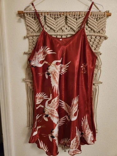 Satin Babydoll Nightgown for Women – V-Neck Crane Print Sleepwear